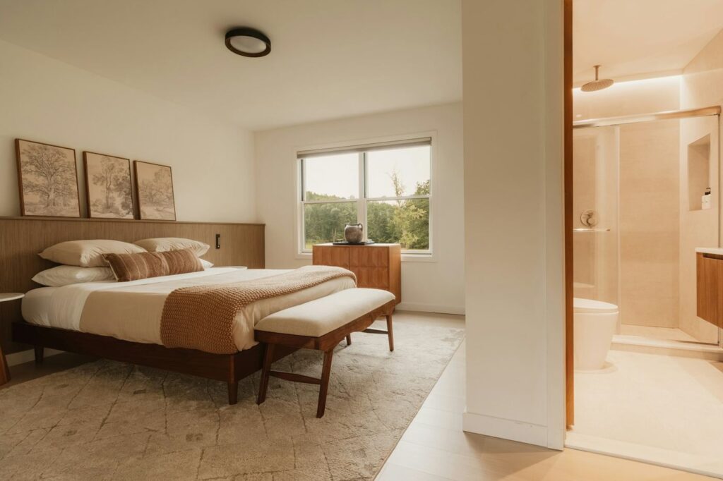 Habitación con cama de madera, luz natural y baño