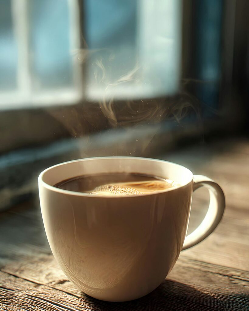 Taza de café humeante sobre una mesa de madera junto a la ventana